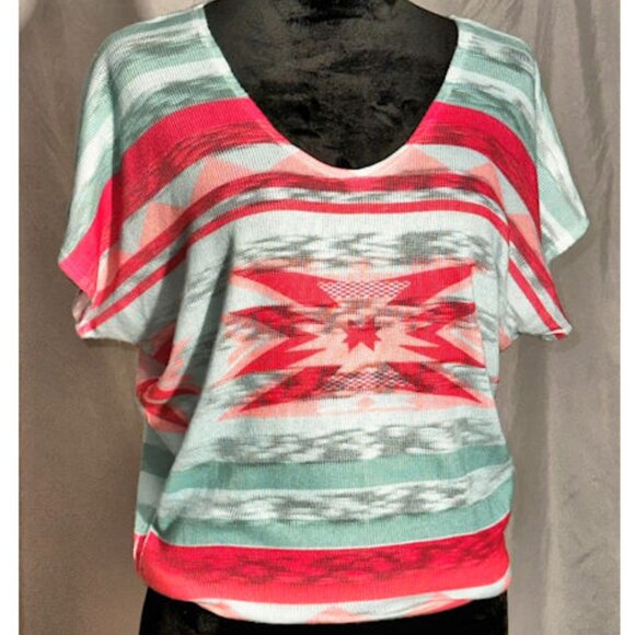 Southwest Design Sweater, Batwing, V-Neck, Orange and Green, Large - Picture 1 of 8